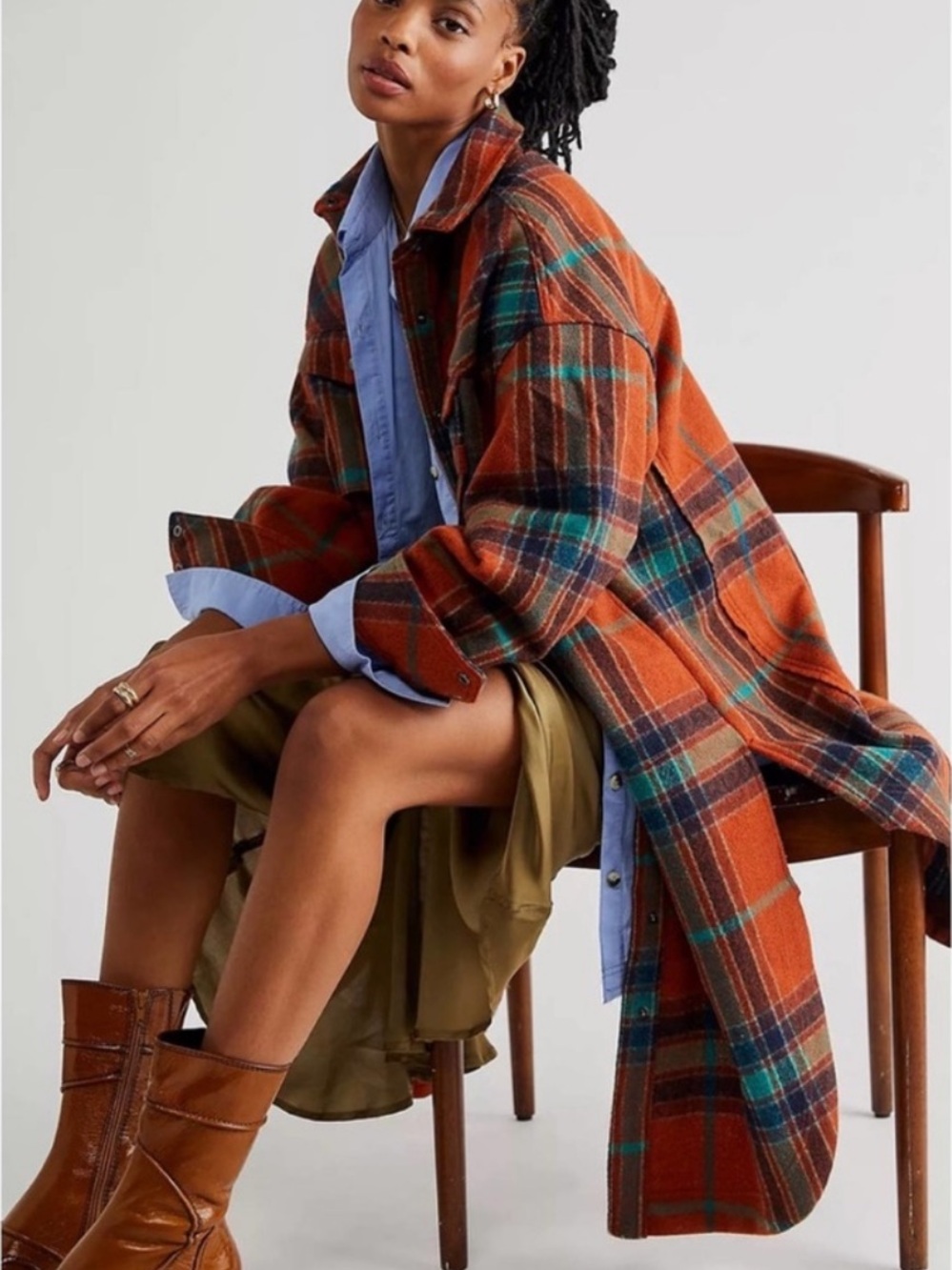 Free People We The Free Cabin Cozy Maxi Shirt Long Plaid Flannel Shacket Jacket